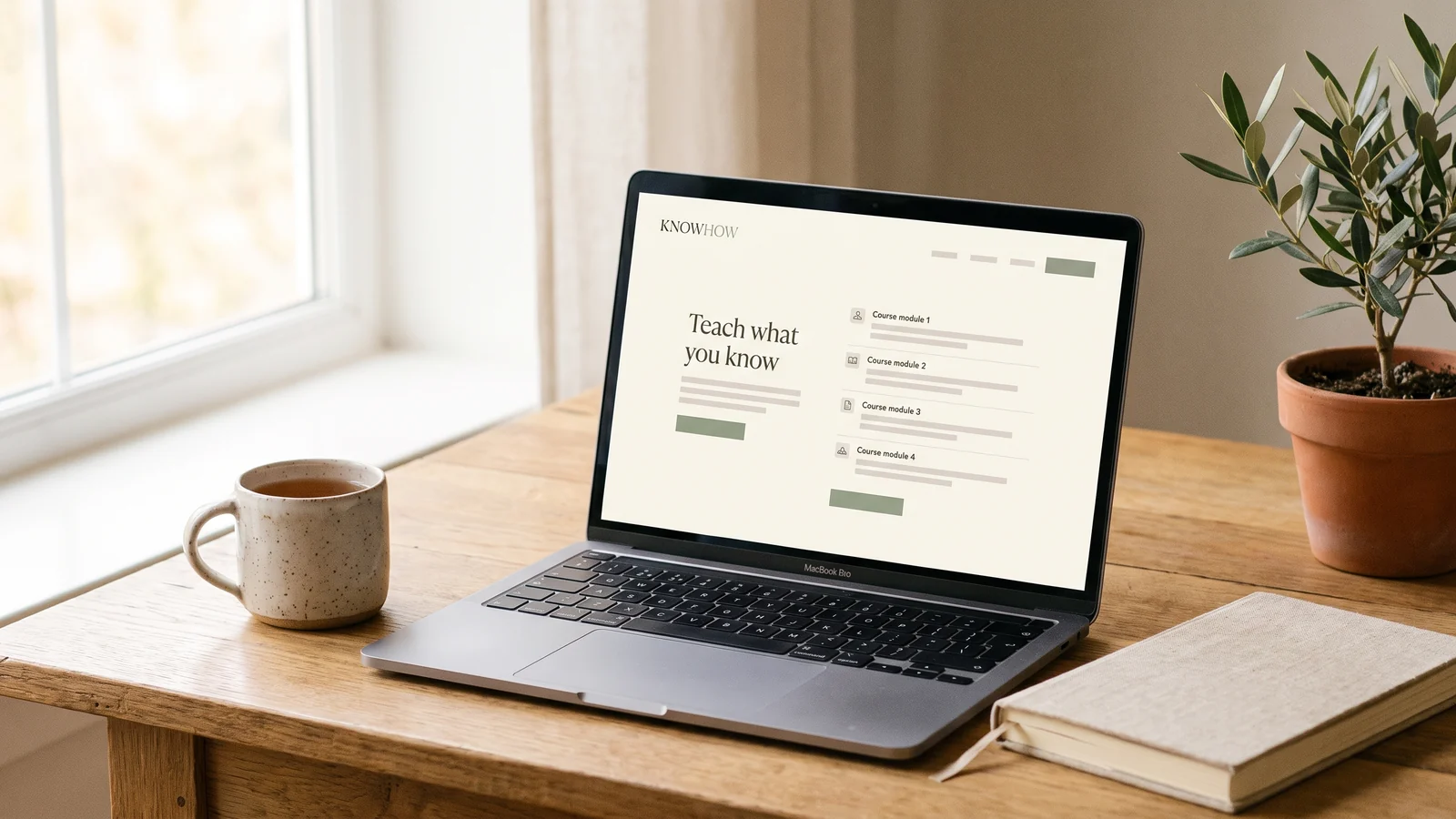 A minimal online-course website design concept with course modules, shown on a laptop on a warm desk