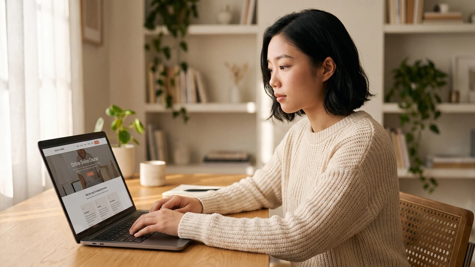 A course creator reviewing their online course and sales page on a laptop in a bright workspace
