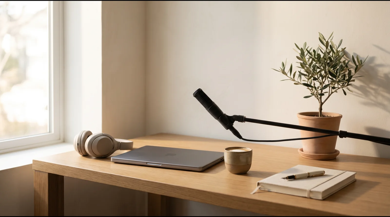 A calm course-recording desk with a microphone, headphones, notebook and laptop by a bright window