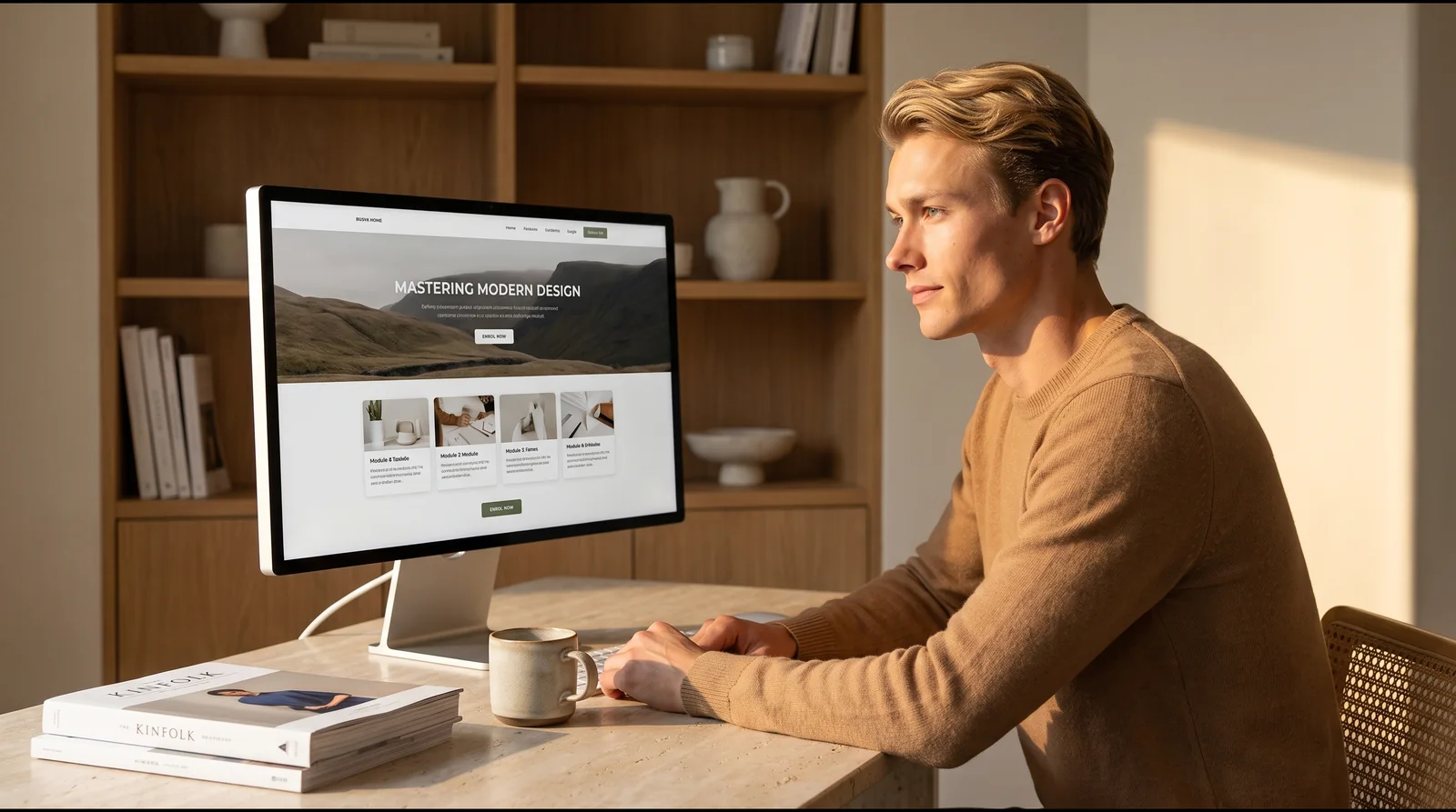 An online educator reviewing the enrolment page of his course website on a large display in a bright study