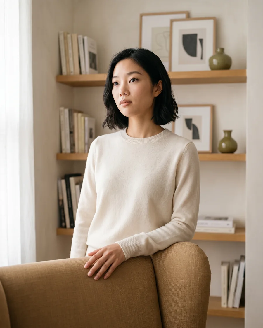 A composed online course creator in a bright calm study lined with books