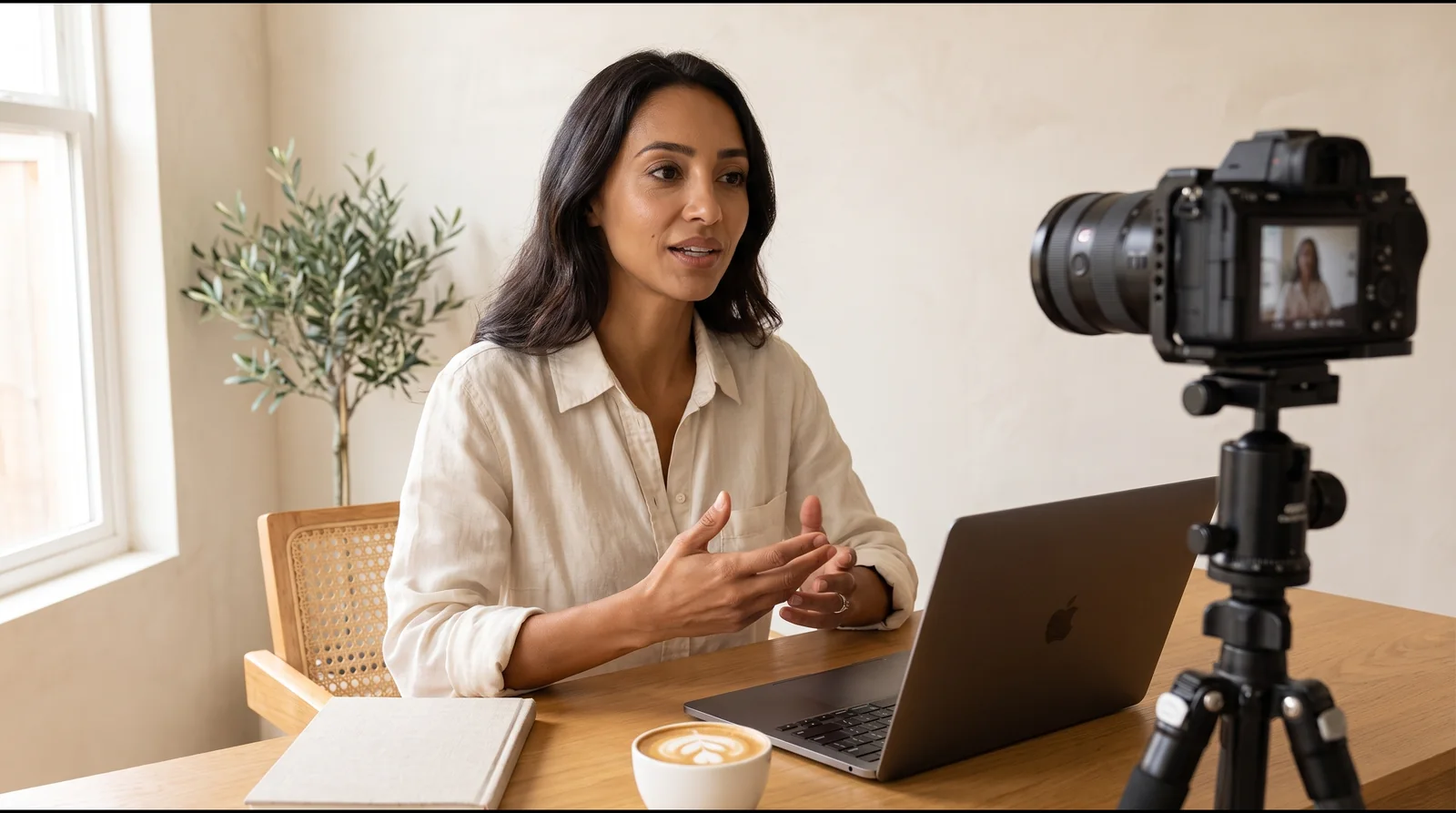 An online course creator recording a lesson to camera at a warm oak desk in a sunlit home studio
