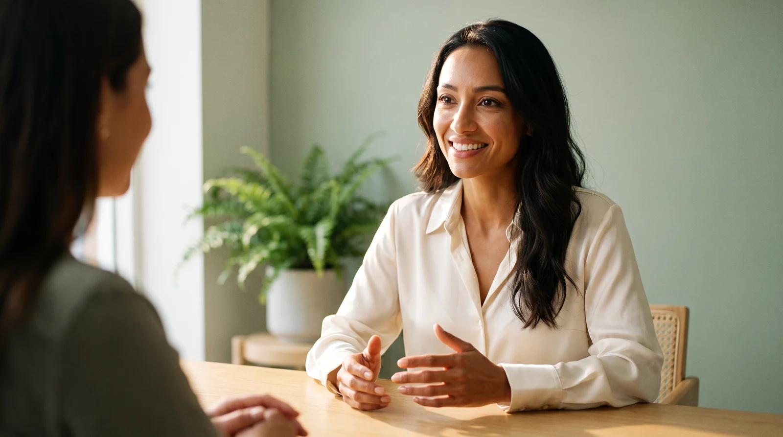 A dental practice owner in a warm, reassuring conversation with a patient across a desk in a calm office