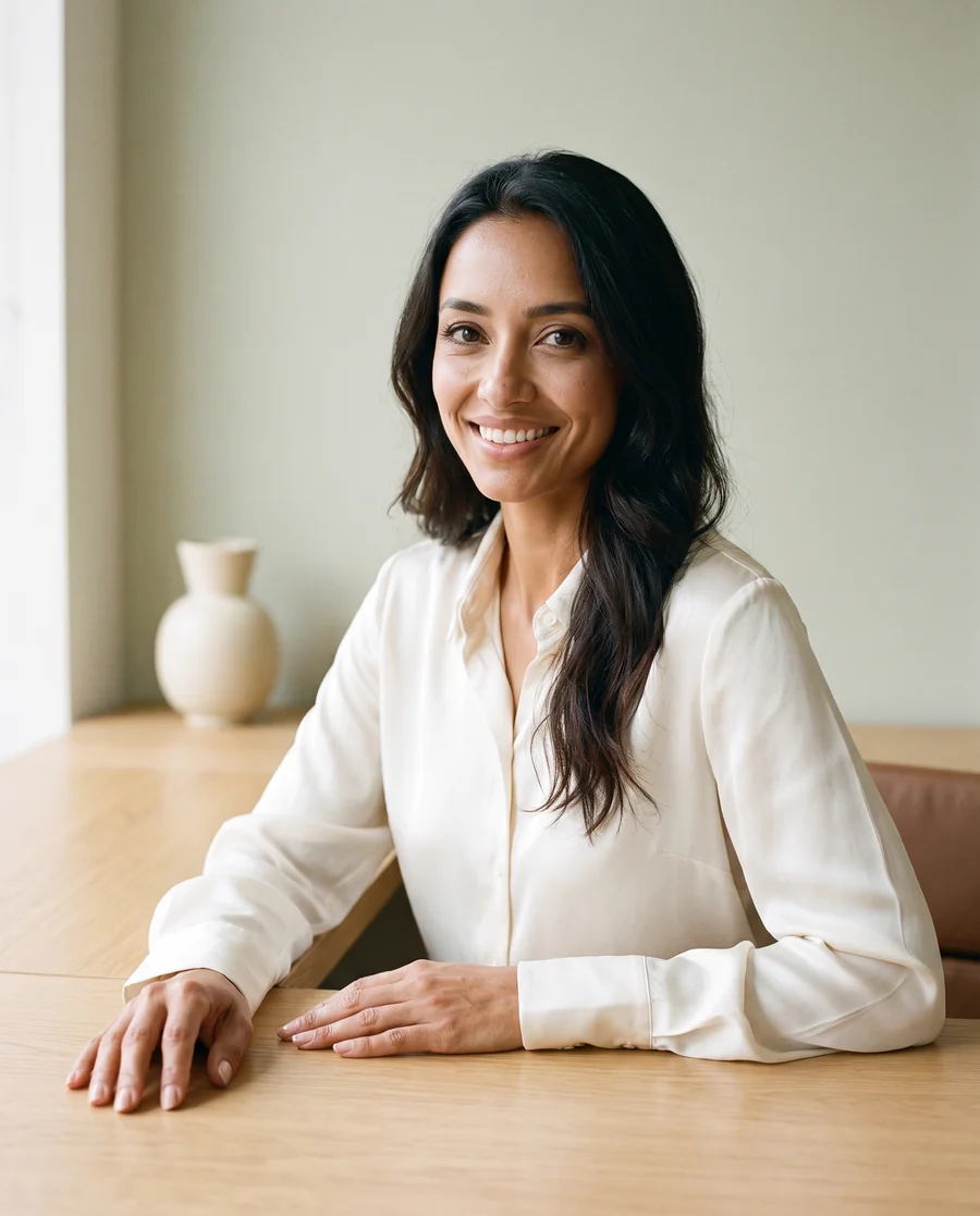 A dental practice owner at their desk in a bright, minimal office
