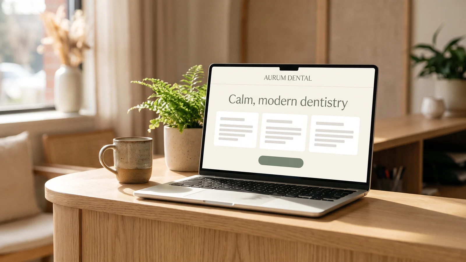 A minimal dental-practice website design concept with treatment cards, shown on a laptop on a warm reception desk