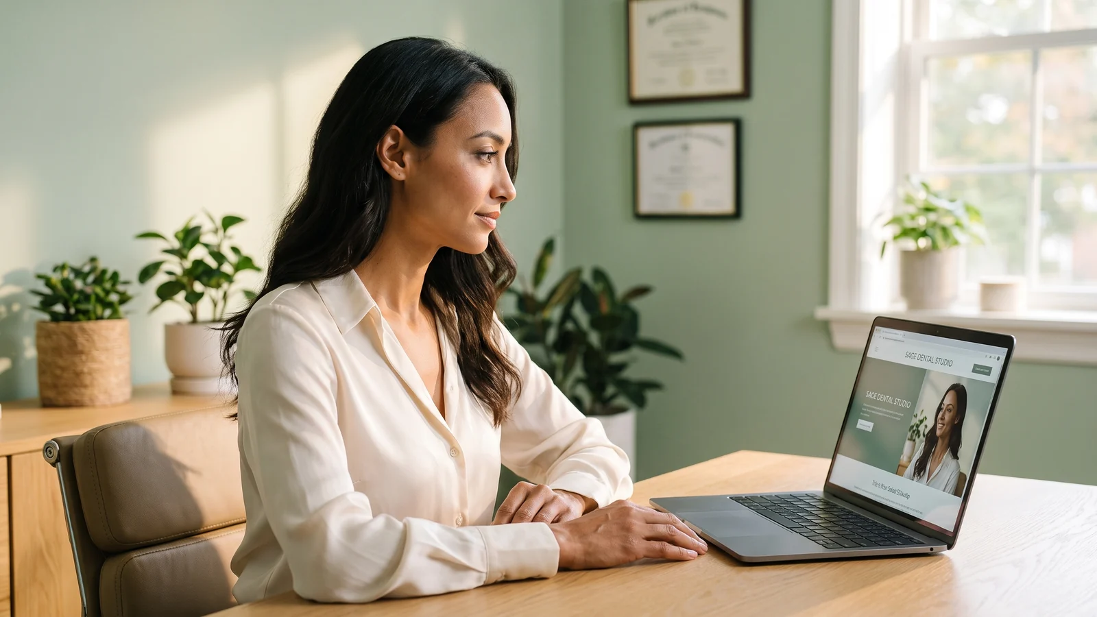 A dental practice owner reviewing their website on a laptop in a calm, bright office