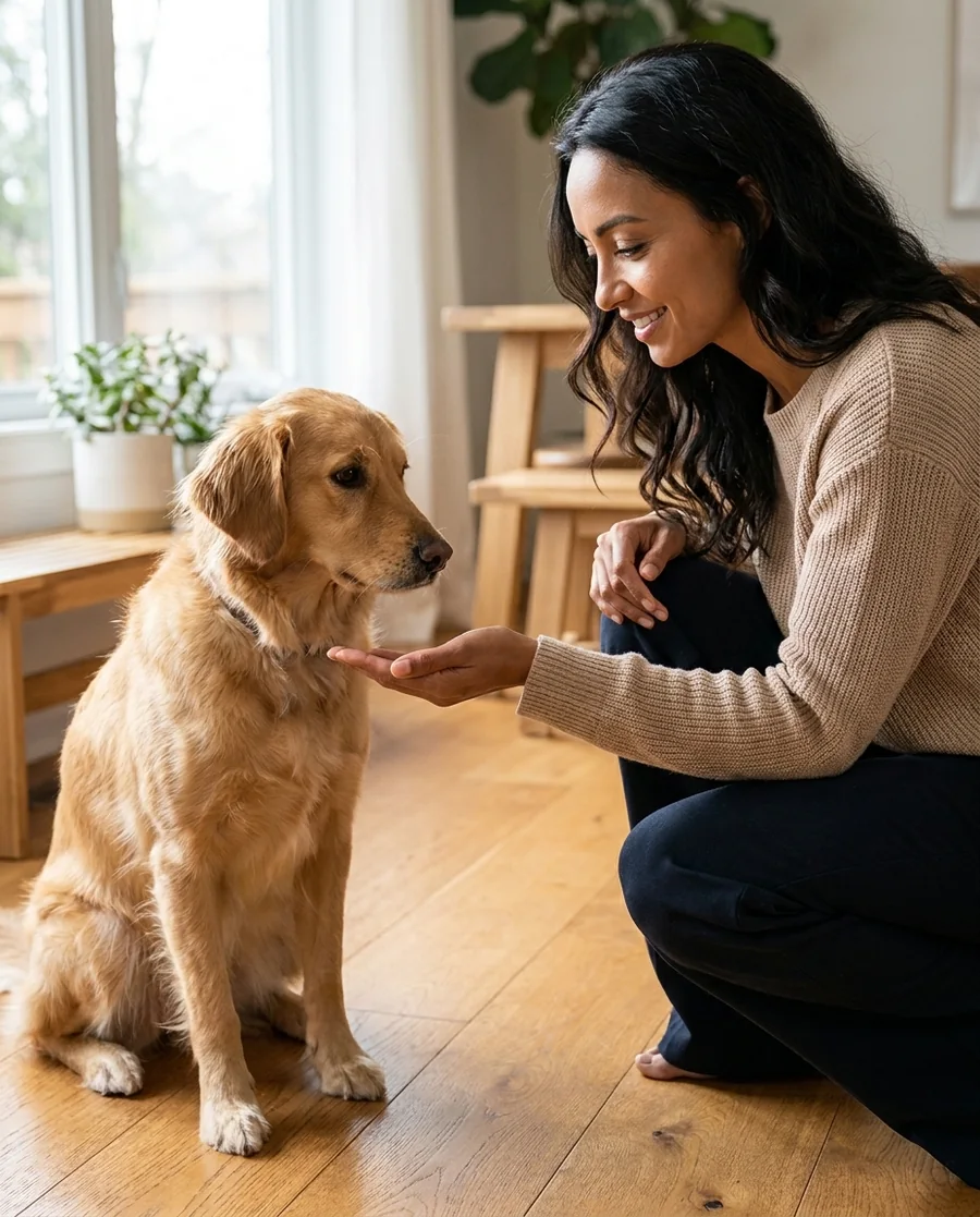 A dog trainer beside an attentive dog in a bright room