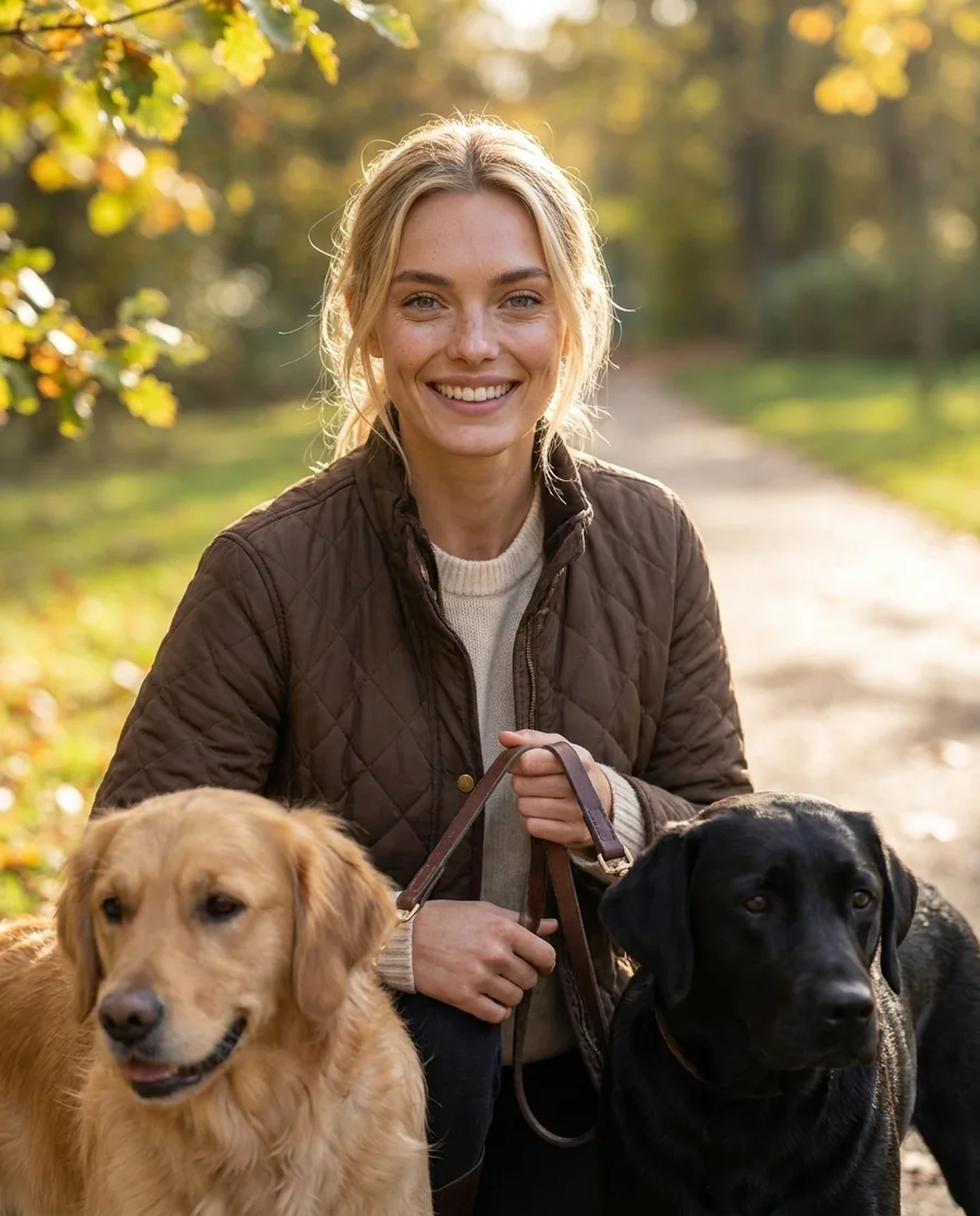 A dog walker with two calm dogs on a sunlit park path