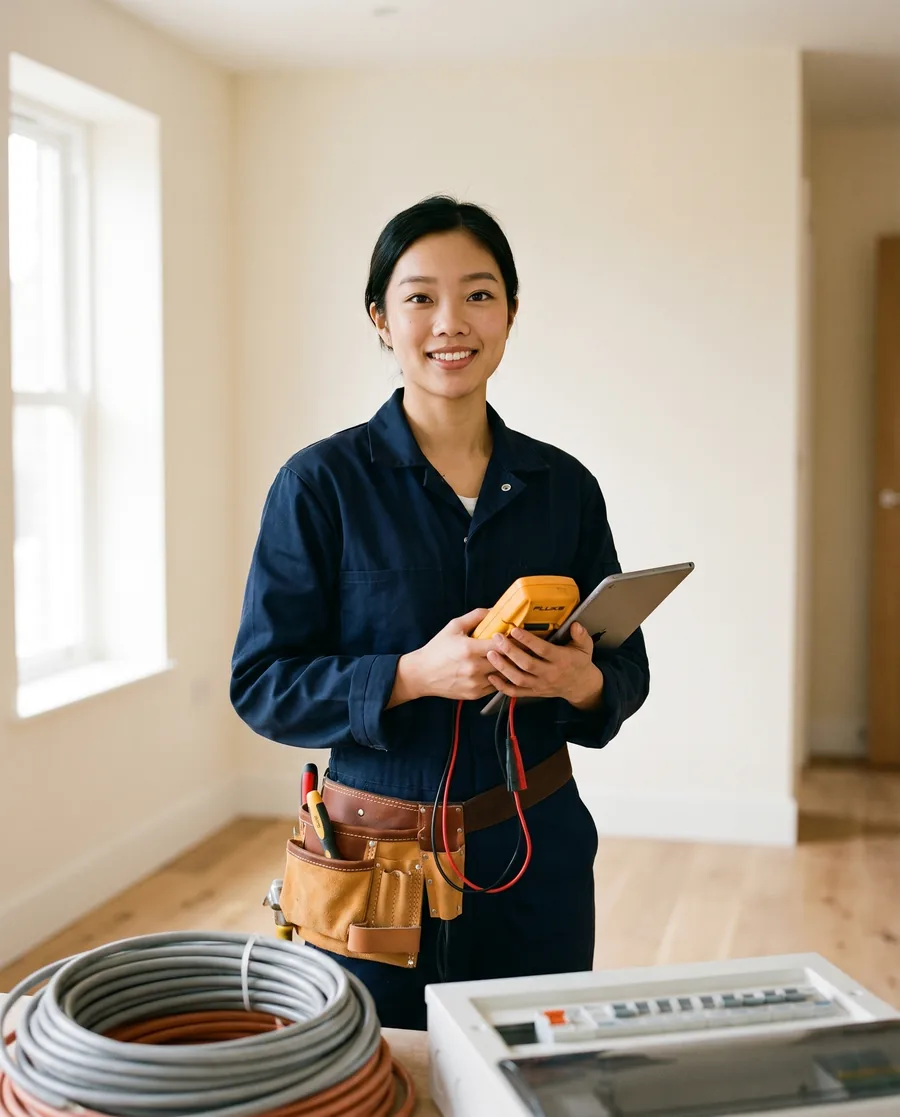 A confident electrician in clean navy workwear in a bright renovated interior