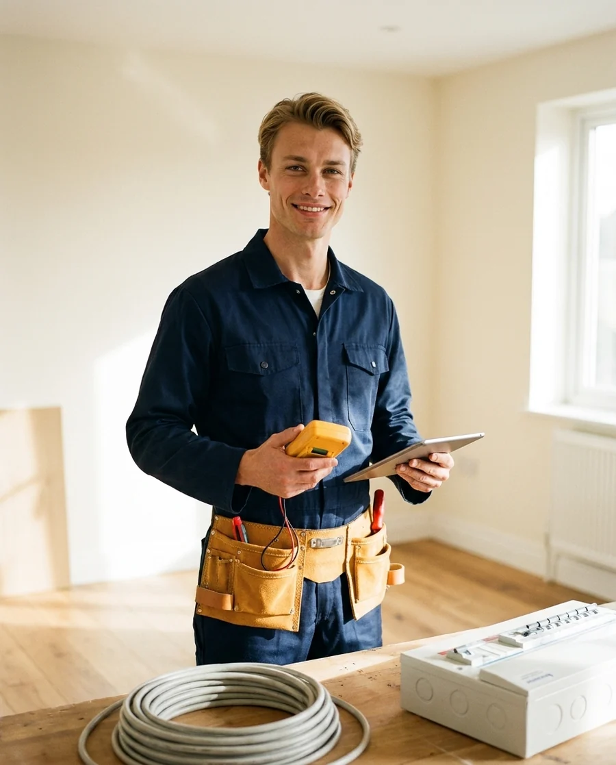 Electrician in navy workwear holding a multimeter in a bright renovated interior
