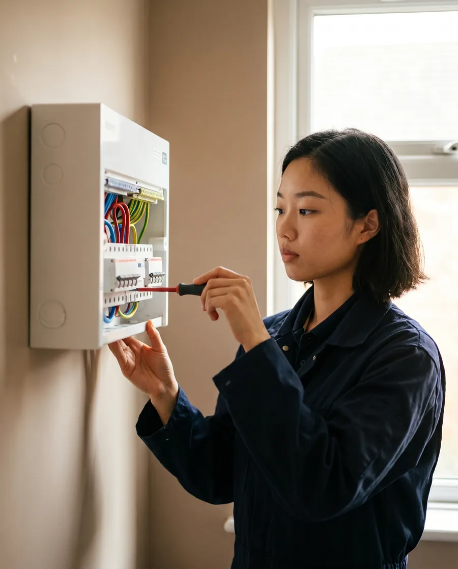 An electrician in navy workwear working carefully on a neat domestic installation