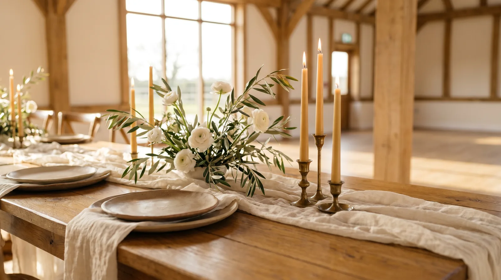 A styled wedding tablescape detail with linen, ceramics, taper candles and olive sprigs