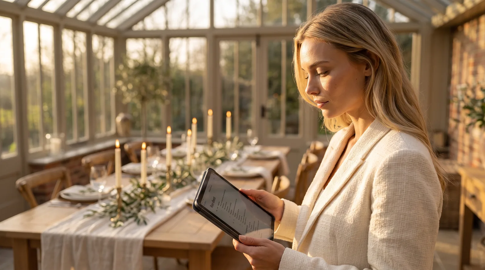 An event planner reviewing plans on a tablet beside a styled reception table at golden hour
