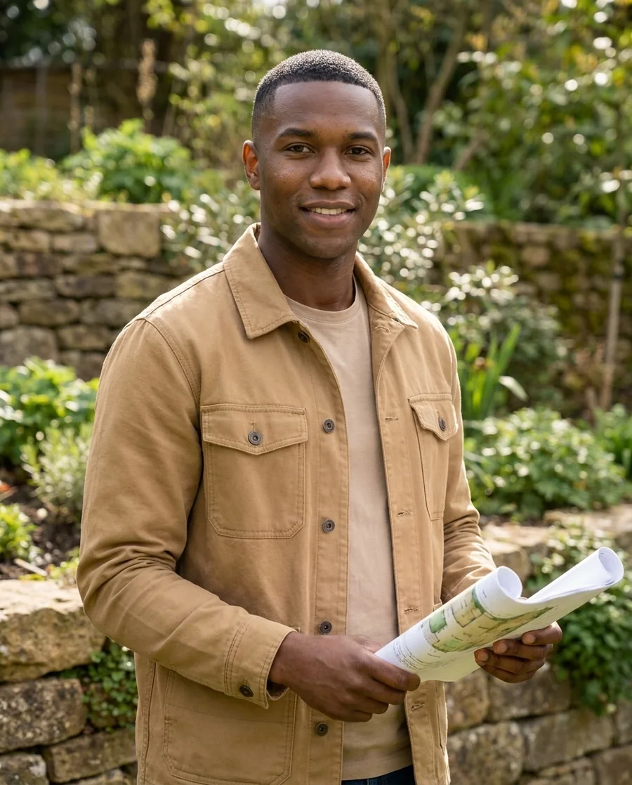 A landscaper and garden designer with a plan in a lush sunlit garden