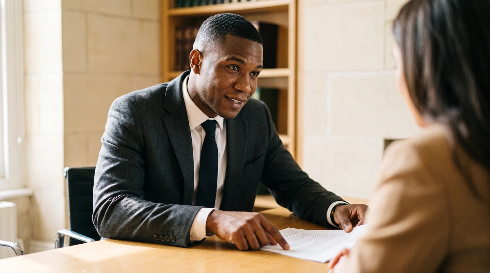 A lawyer talking a client through a document across a warm oak desk in a calm office