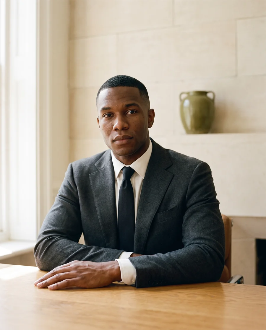A solicitor and practice owner at a warm oak desk in a bright, minimal office