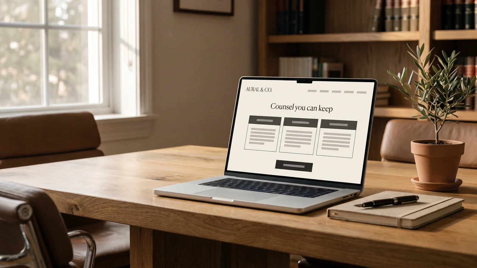 A minimal law-firm website design concept shown on a laptop on a solicitor's oak desk