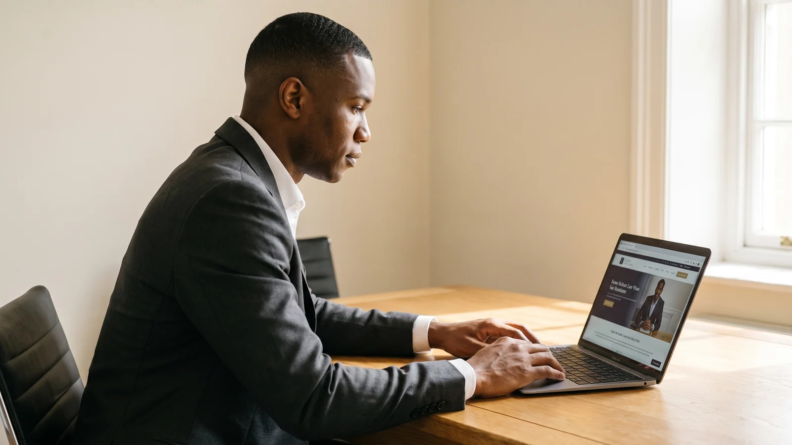 A solicitor reviewing their firm's website on a laptop in a calm, bright office