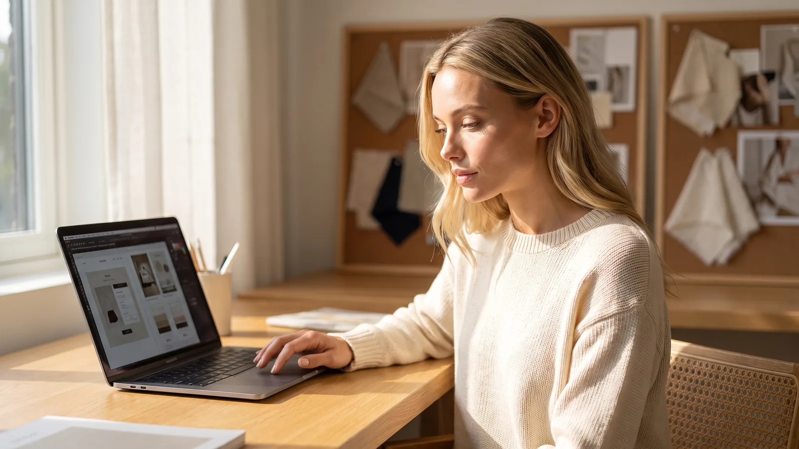 A marketing consultant reviewing her own website on a laptop at a sunlit desk