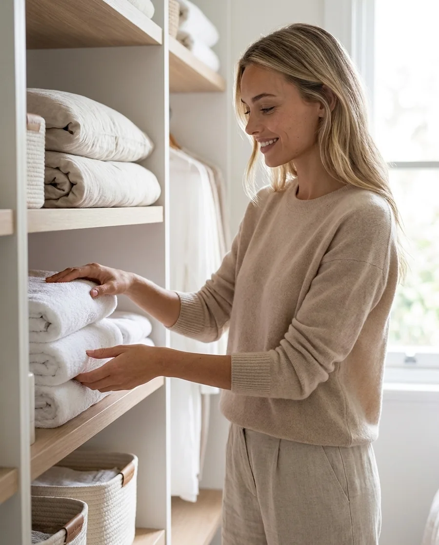 A professional home organiser arranging folded linens in a tidy wardrobe