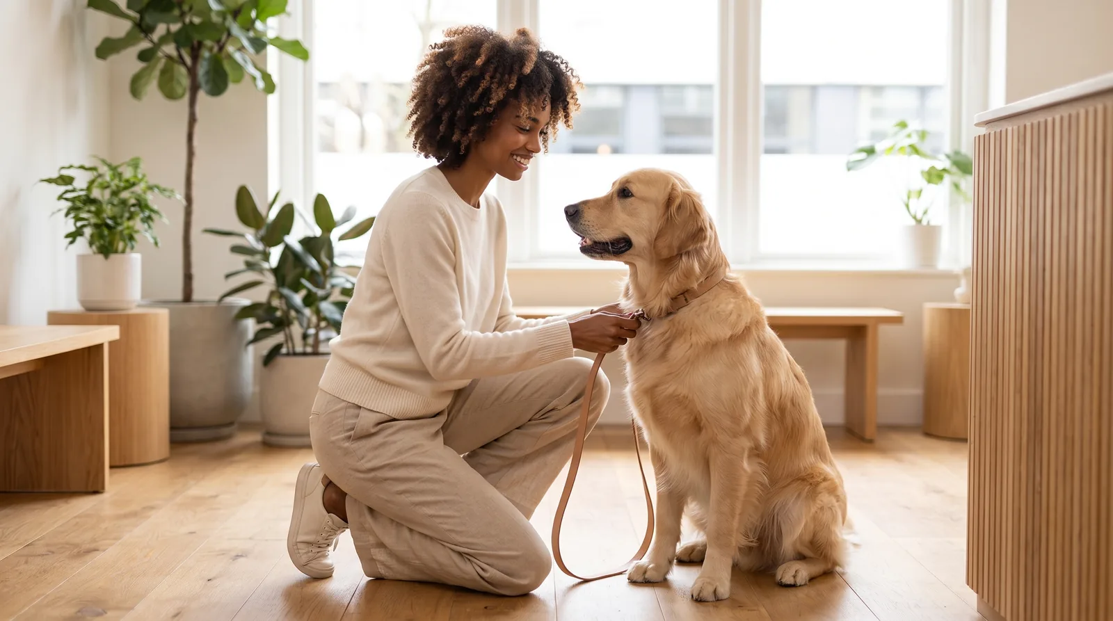 A dog-care professional clipping a lead onto a calm golden retriever in a bright daycare reception