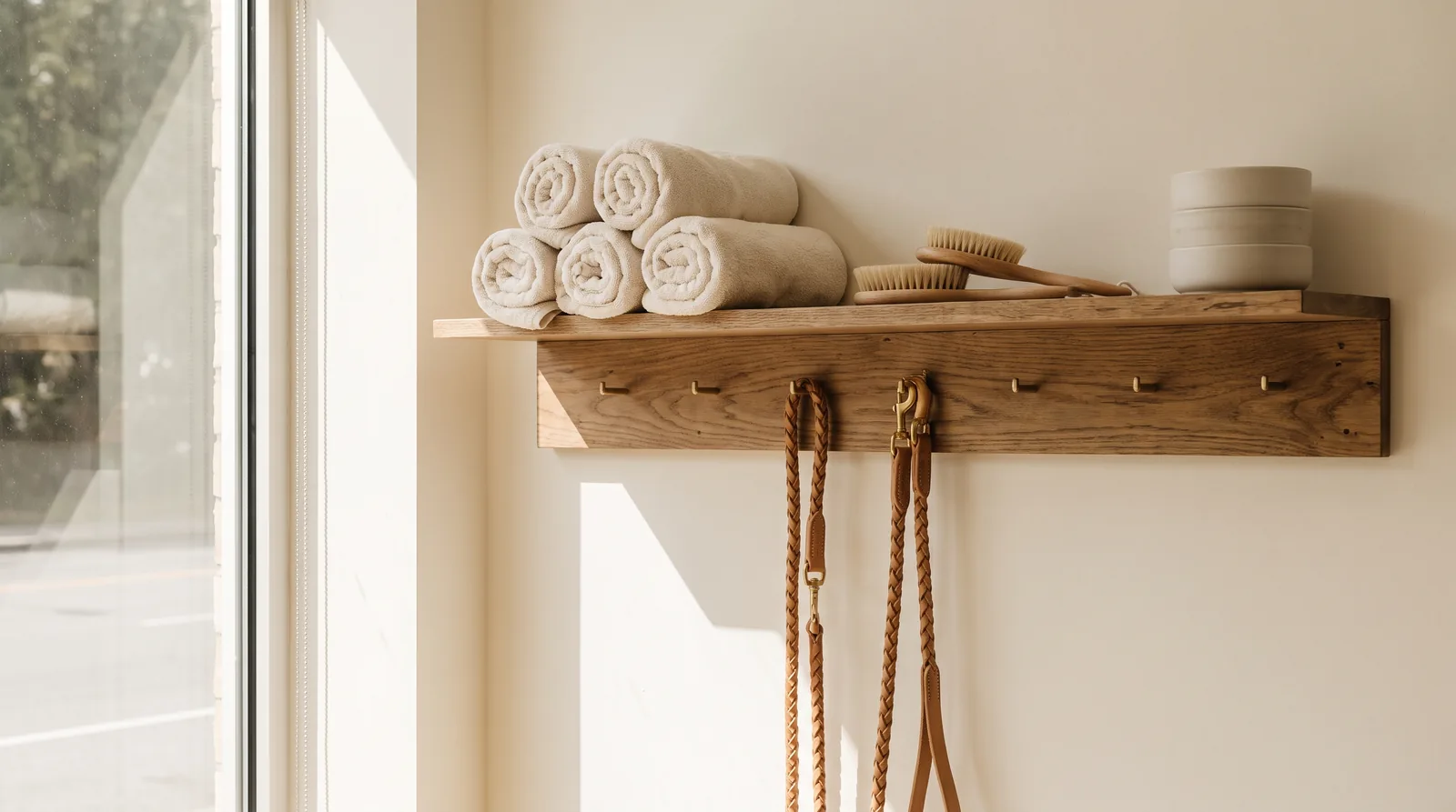 A warm oak shelf of grooming towels, leather leads and brushes in a premium pet studio