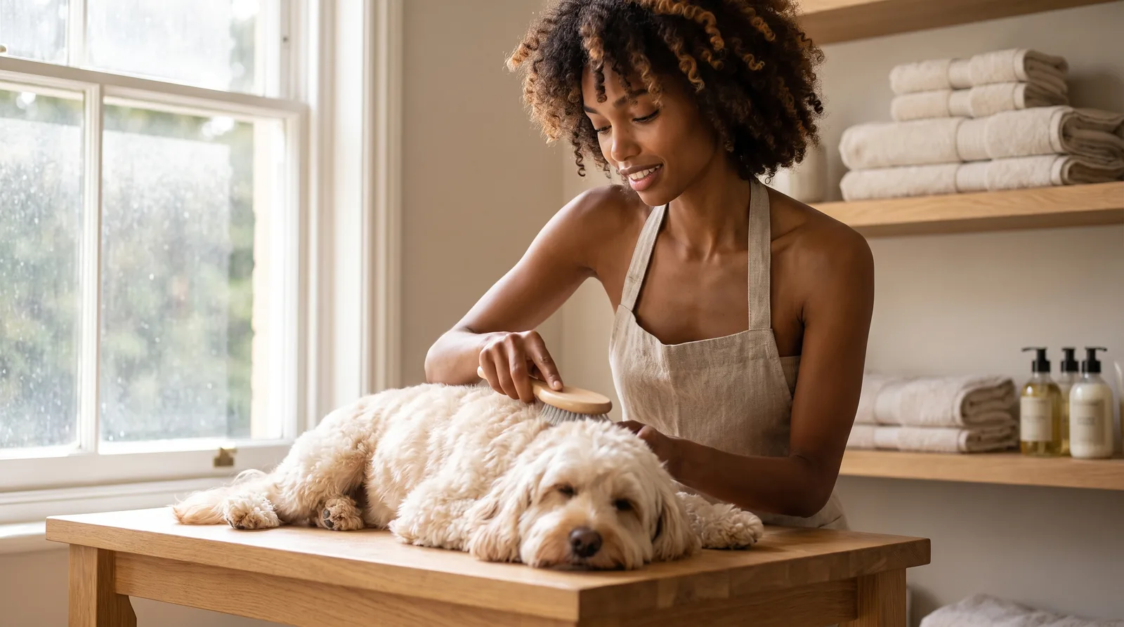A calm professional groomer brushing a relaxed cockapoo on an oak grooming table
