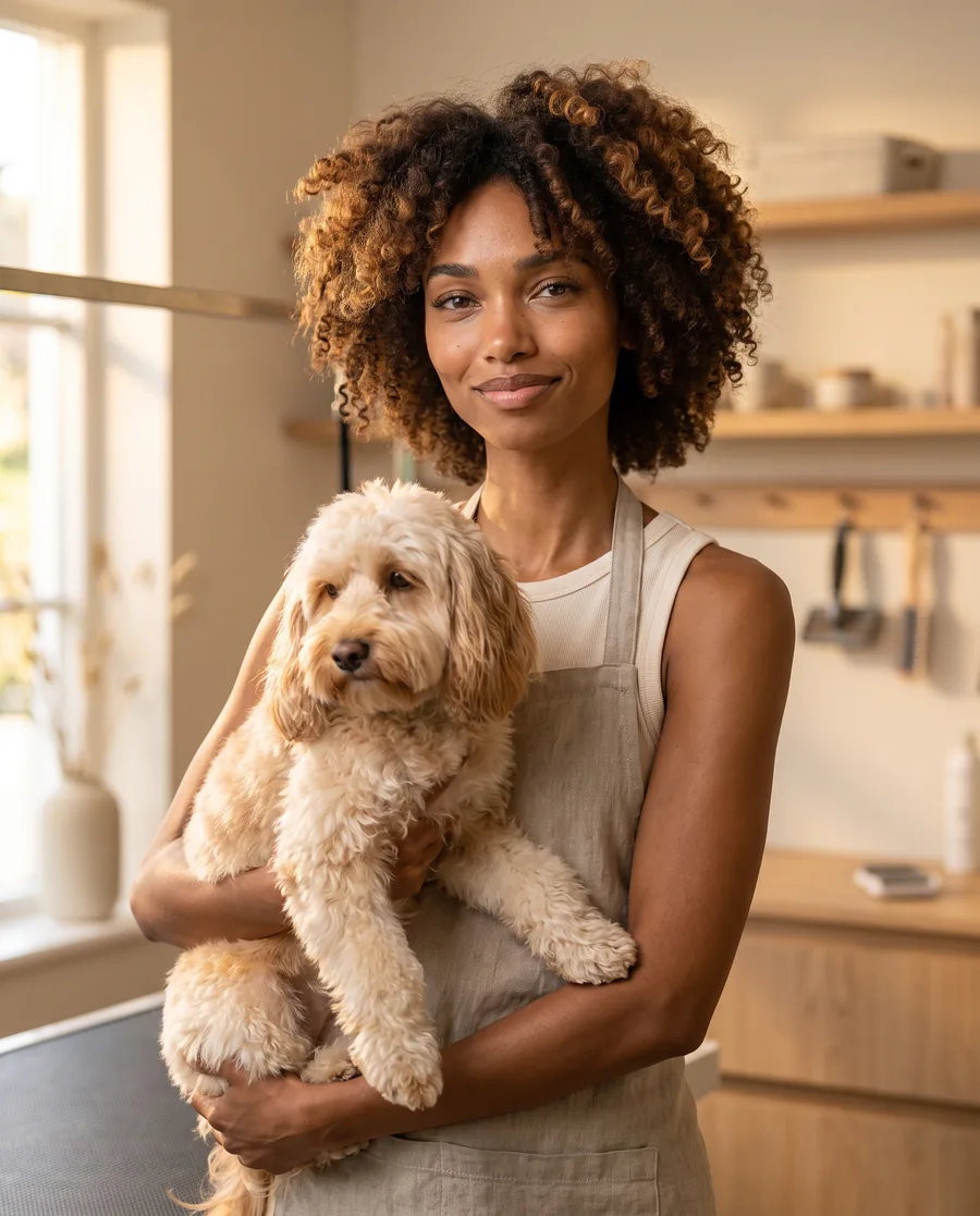A professional dog groomer holding a small relaxed cockapoo in her warm studio