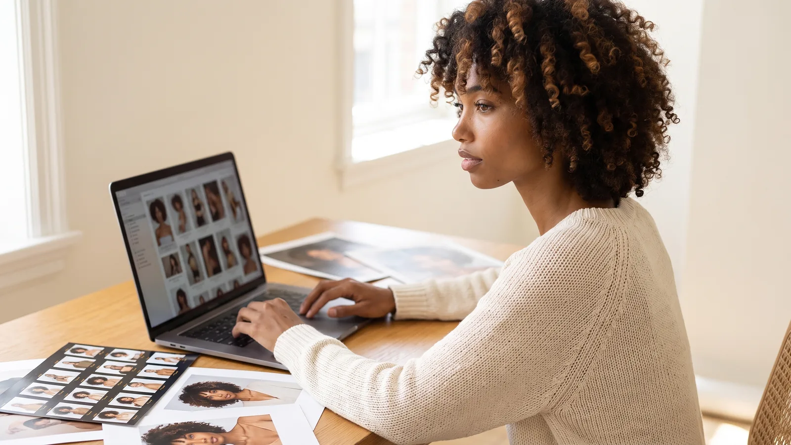 A photographer reviewing her website before a redesign, prints spread on the desk