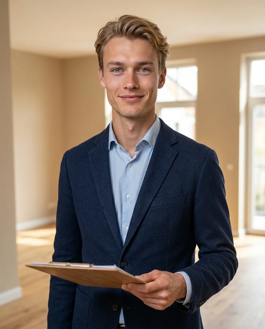 A retrofit and energy-efficiency consultant with a clipboard in a renovated home