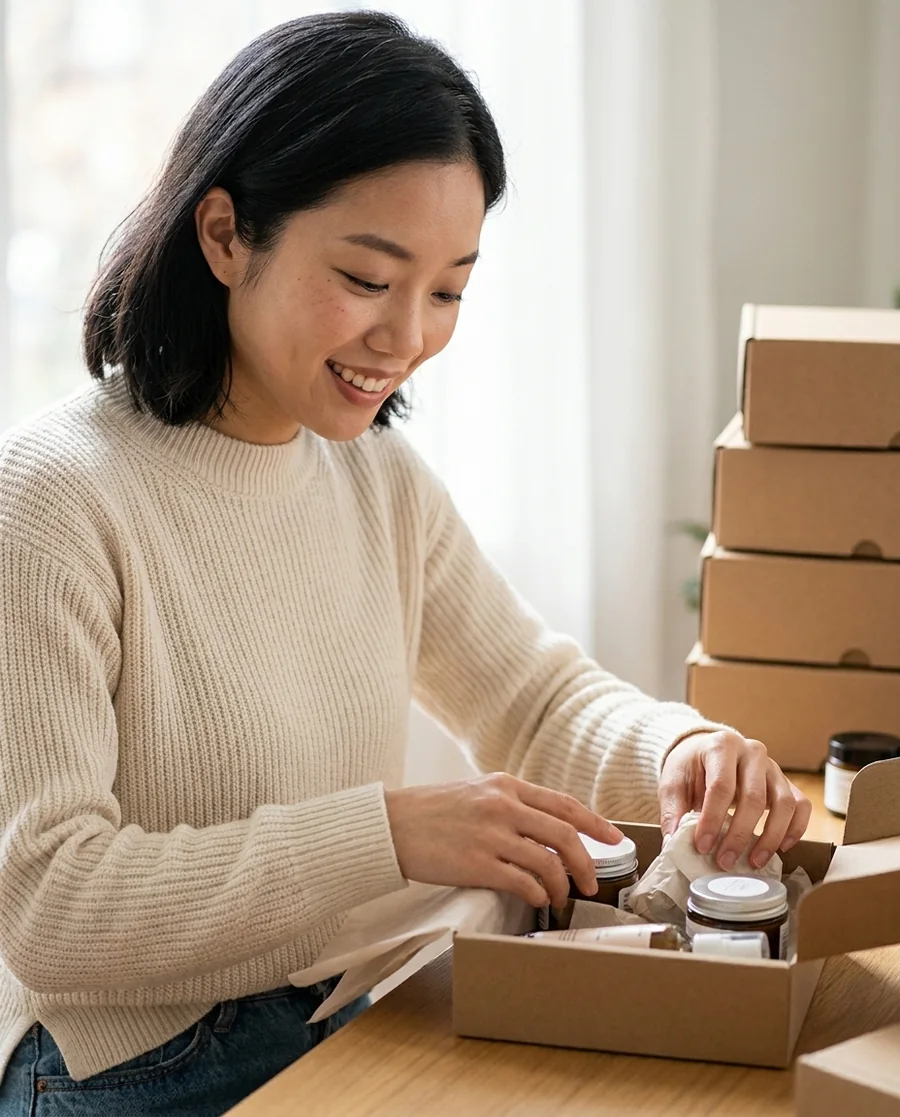 A founder packing a premium subscription box at a sunlit table