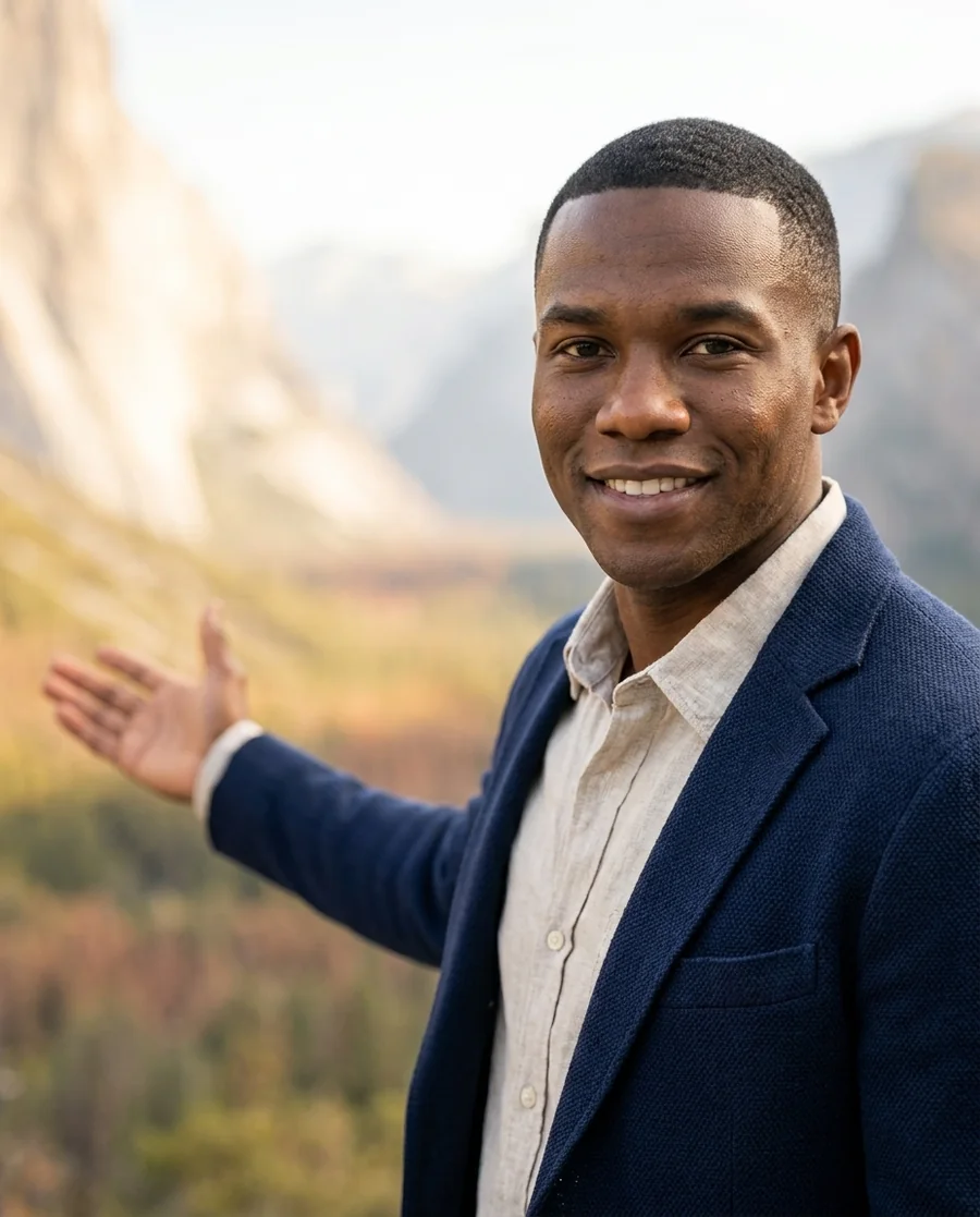 A tour guide and experience host at a sunlit scenic viewpoint