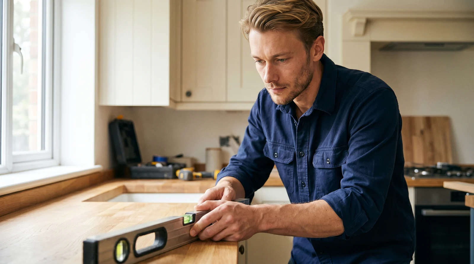A kitchen fitter checking a new oak worktop with a spirit level in a bright, part-finished kitchen