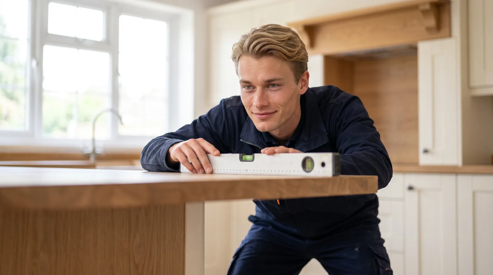 A skilled carpenter checking a level line on a new oak worktop in a bright premium kitchen