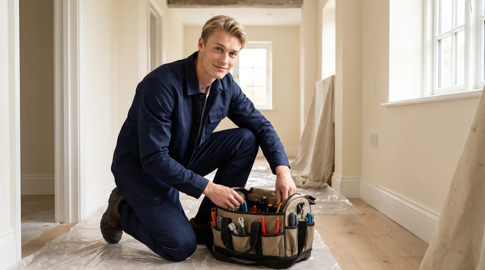 A tradesman opening a neatly organised tool bag on protective sheeting in a bright hallway
