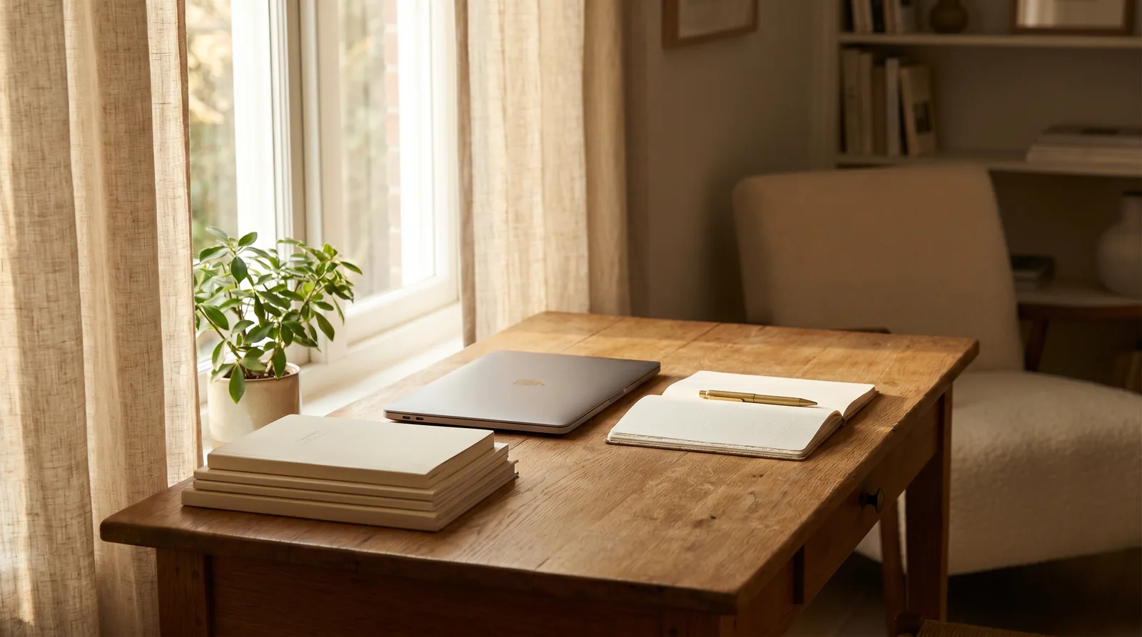 A calm study desk with exercise books, a notebook and a laptop by a bright window