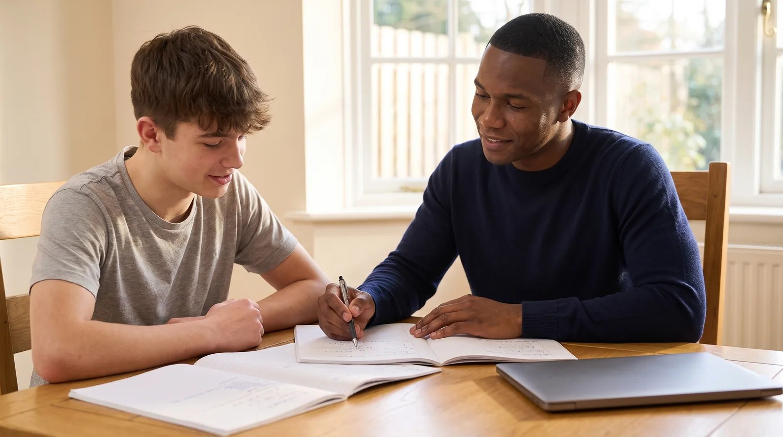A private tutor working through a problem with a student at a warm oak table