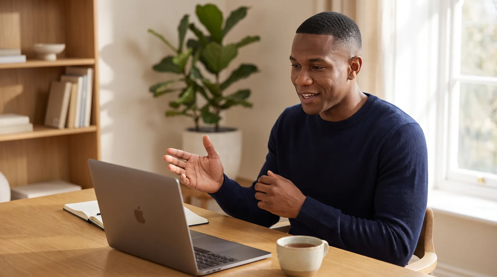 A tutor teaching an online lesson from a tidy oak desk in a bright study