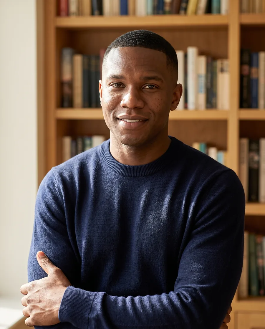 A warm private tutor in a bright calm study lined with books