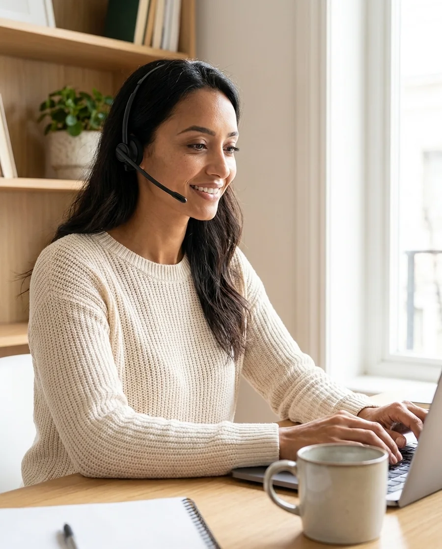 A virtual assistant at a tidy sunlit home-office desk