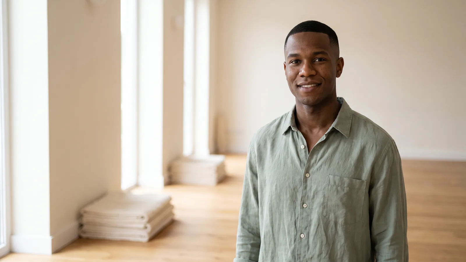 A yoga instructor in a bright, uncluttered studio — the calm his website should mirror