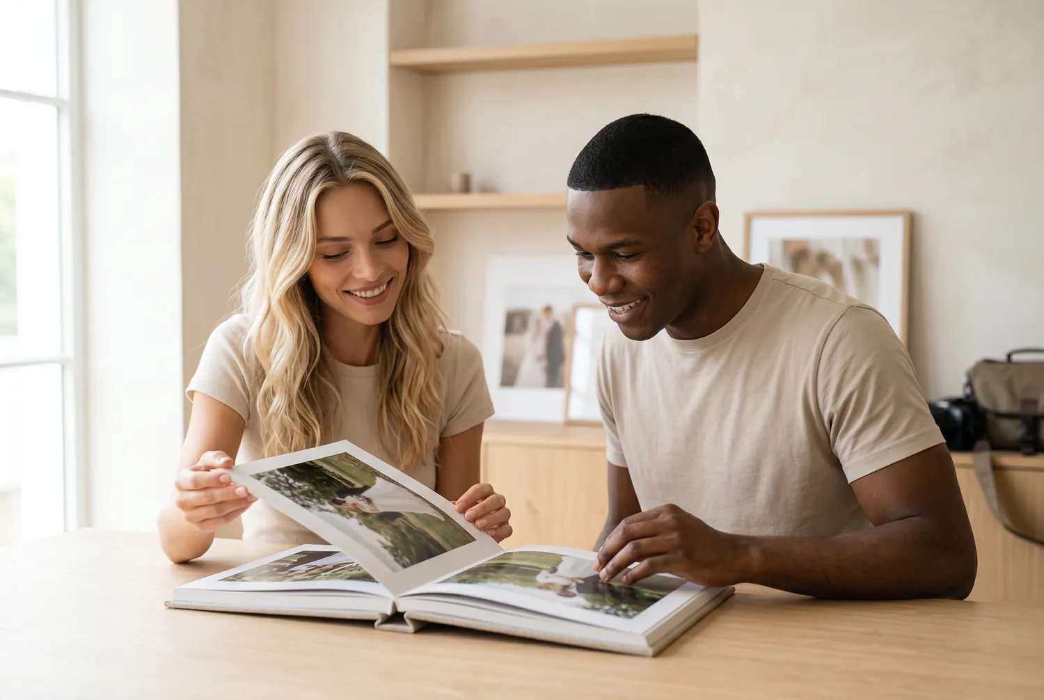 A couple looking through a printed photo album together in a warm, light-filled studio, framed prints behind them