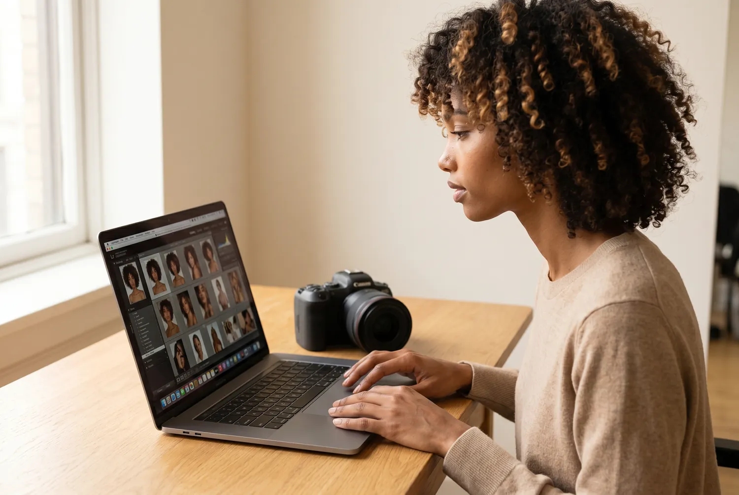 A professional photographer reviewing a gallery of portraits on a laptop in a warm, minimal studio, a mirrorless camera beside her