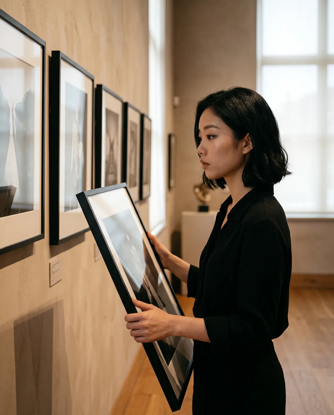 A professional photographer studying a row of framed fine-art prints on a warm gallery wall in soft directional light