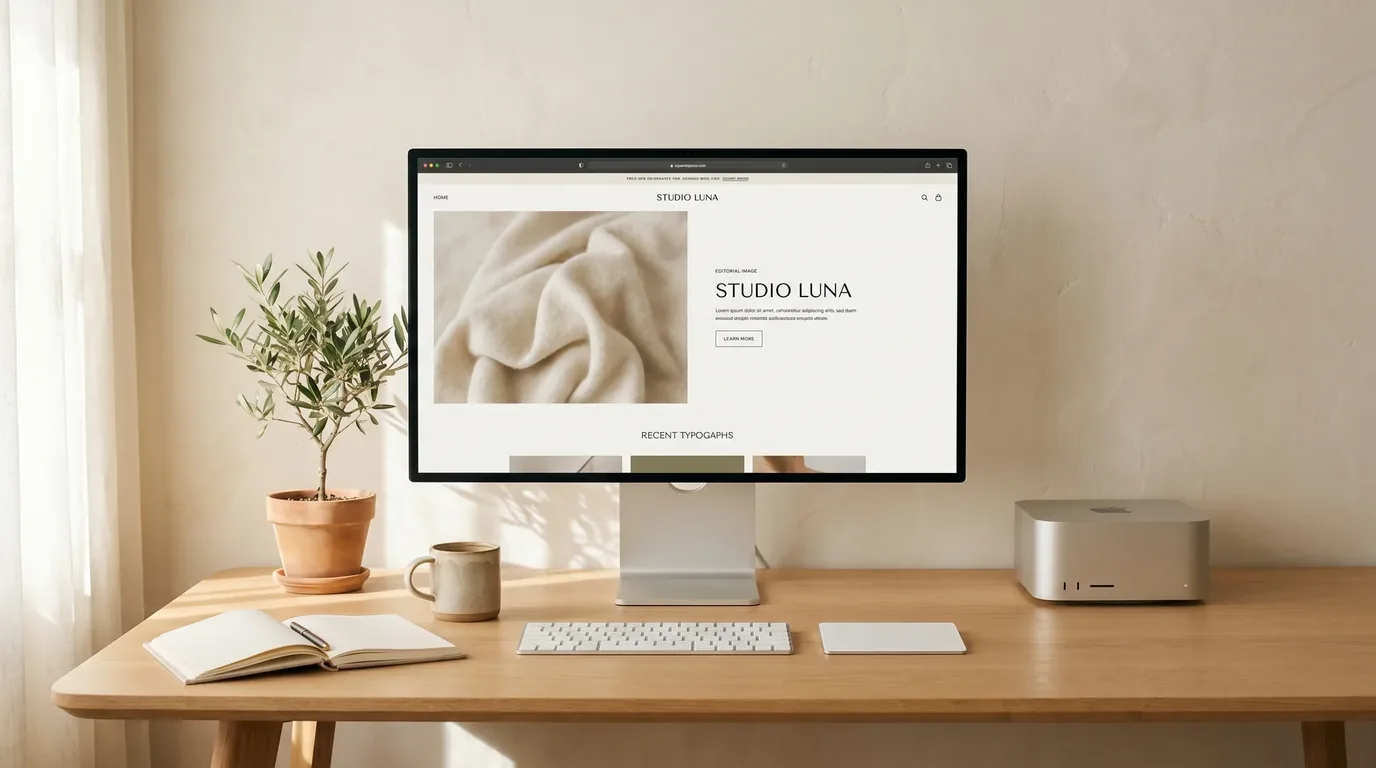 Example of a Squarespace website review on a monitor and tablet — design, mobile and SEO checkpoints across the key areas of the site.