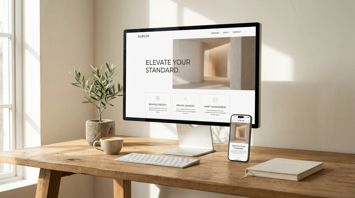 Example of a custom Squarespace website design shown on a desktop monitor and phone in a warm, minimal studio.