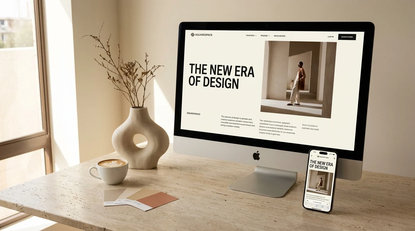 Example of a redesigned Squarespace website on an iMac and phone — refreshed layout, sharper typography and a polished mobile view.