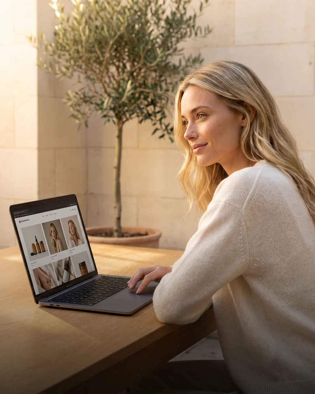 Founder reviewing her brand-new Squarespace website on a laptop at golden hour
