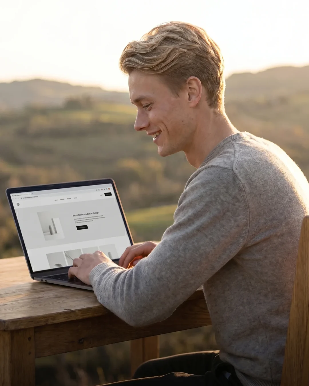 Business owner reviewing his refreshed Squarespace website on a laptop at golden hour