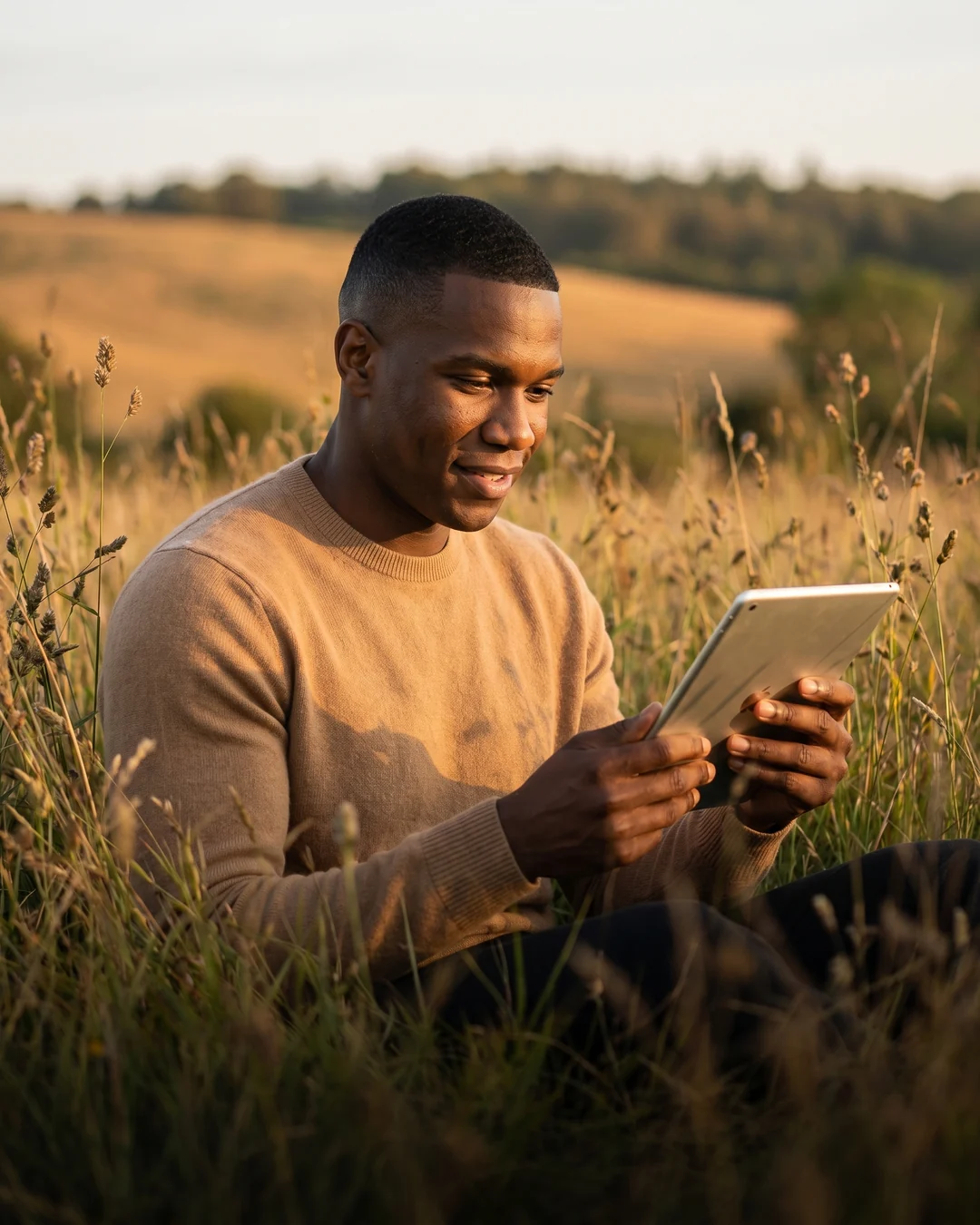 Business owner reviewing website performance on a tablet in a sunlit field